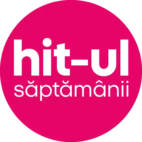 Logo roz rotund cu textul alb "hit-ul săptămânii".